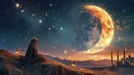 illustration of a woman praying on a rock in a burqa against the background of a shining moon and a mosque, poster - obrazy, fototapety, plakaty