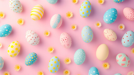 Pastel colored easter eggs arranged on a pink background in the style of photography installations, advertising-inspired. Minimal Easter background	