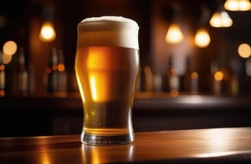 A glass of light beer on the bar, dimmed lights, beer with foam, bar stools