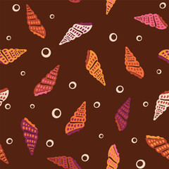 Marine seamless pattern. Vintage background with seashells and bubbles. Retro textile print in style of flat illustration. Vector surface design for fabric, gift wrapper, wallpaper.
