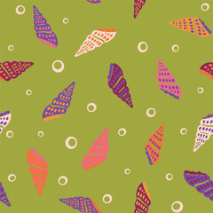 Marine seamless pattern. Vintage background with seashells and bubbles. Retro textile print in style of flat illustration. Vector surface design for fabric, gift wrapper, wallpaper.