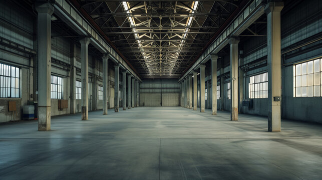 Spacious and deserted warehouse, concrete floors and structural beams. Symbolizing industrial decline or transition