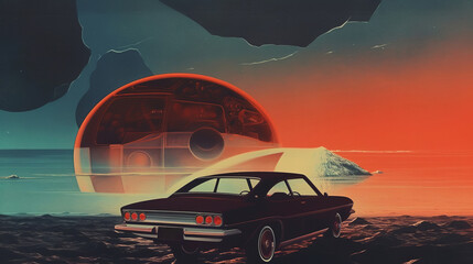 Illustration of a science fiction car against a surreal landscape. Retro style