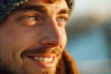 Close up shot of cheerful satisfied attractive male with stubble.
