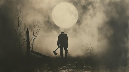 A silhouetted figure holding an axe stands against a misty, full moon backdrop, creating a chilling scene that combines elements of suspense and the supernatural.