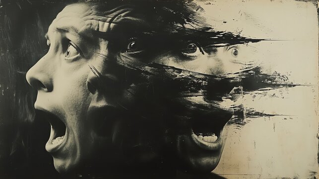 Facial expressions captured in motion, portraying the visceral emotion of fear, accentuated by the dark, brushstroke-like effects.