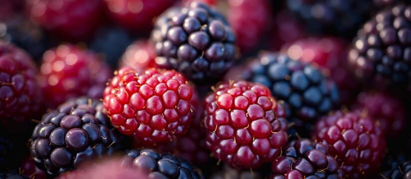 A stack of blackberries, a type of bramble fruit, is arranged on a table. These seedless fruits are commonly used in food and wine, and are related to boysenberries, raspberries, and olallieberries.