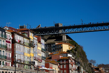 View of O Porto in Cais da Ribeira with the Luis I bridge in the background