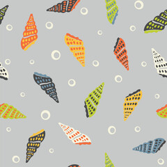 Marine seamless pattern. Vintage background with seashells and bubbles. Retro textile print in style of flat illustration. Vector surface design for fabric, gift wrapper, wallpaper.