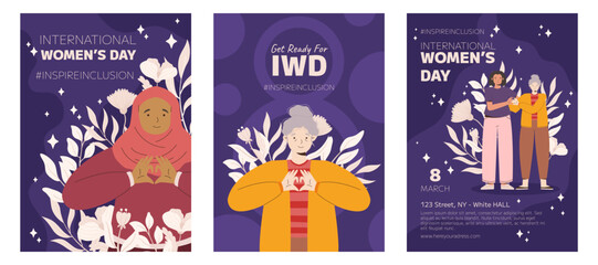 IWD Inspire Inclusion campaign, International Women's Day 2024 Poster collection features a diversity of women making the heart gesture with their hands. Vector hand drawn illustration in flat style