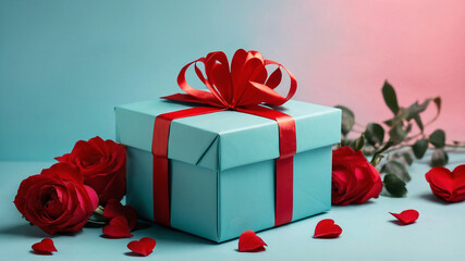 Beautiful gift blue box with red bows and hearts close-up on pink background.Greeting card. Valentine's Day, Mother's Day. Holiday.Generative AI