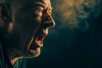 Close up portrait of a man shouting.