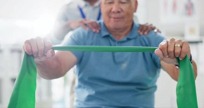 Resistance band, physical therapy and old man with physiotherapist, muscle training and strength with senior care. Health, wellness and people at physio clinic with rehabilitation and equipment