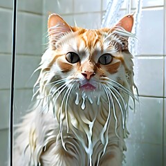  beautiful red cat washes in the shower