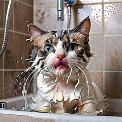  beautiful red cat washes in the shower