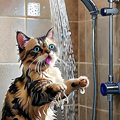  beautiful red cat washes in the shower