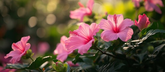 Obraz premium A cluster of pink flowers thrive on a bush, adding vibrant beauty to the natural landscape of the area.