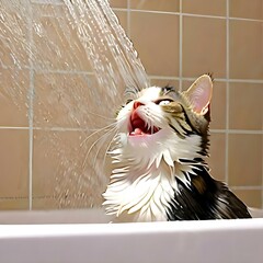 beautiful red cat washes in the shower