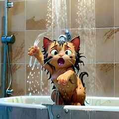 beautiful red cat washes in the shower