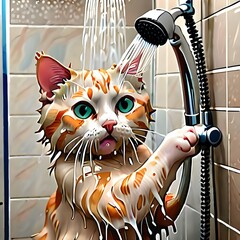 beautiful red cat washes in the shower