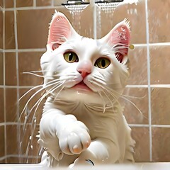 beautiful red cat washes in the shower