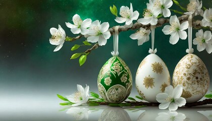 Wielkanocne, zielone tło z ozdobnymi pisankami zawieszonymi na gałązce pokrytej białymi kwiatami