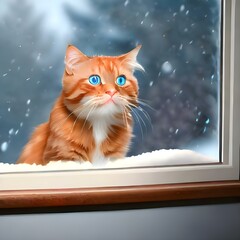 cute cat in the snow looks out the open window as the snow falls