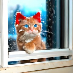 cute cat in the snow looks out the open window as the snow falls