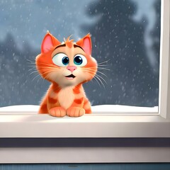 cute cat in the snow looks out the open window as the snow falls