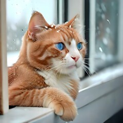 cute cat in the snow looks out the open window as the snow falls