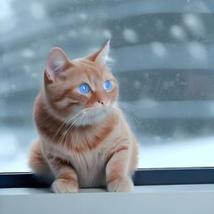 cute cat in the snow looks out the open window as the snow falls