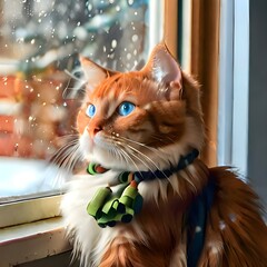 cute cat in the snow looks out the open window as the snow falls