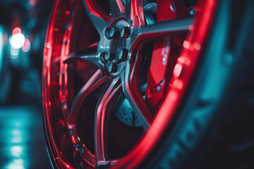 Close up of a modern sport wheel with red brake. - obrazy, fototapety, plakaty