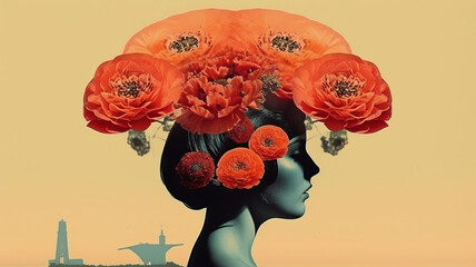 Illustration of a woman in an old-fashioned style with lots of flowers on her head. Retro style