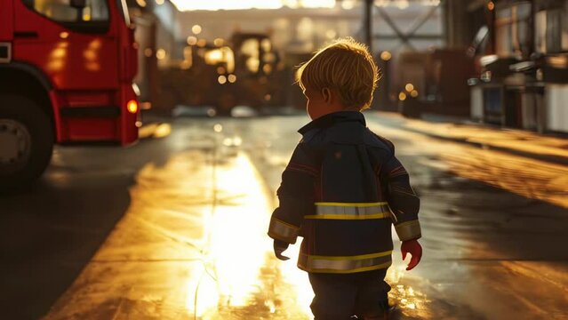 Rear view of a little boy standing in front of a fire truck