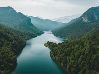 Fototapeta na wymiar Aerial view of a serene lake surrounded by mountains and forests