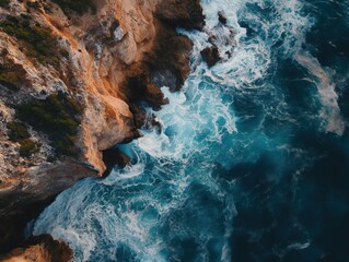 Bird's-eye view of a coastline with rugged cliffs and crashing waves