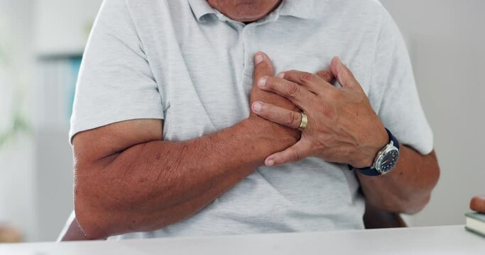 Hands, chest pain and heart attack, old person and cardiovascular health with emergency and angina. Heartburn, hypertension or lung disease, sick with asthma or stroke in medical crisis from stress