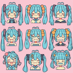 Vector illustration of an anime-style female character with blue hair expressing various emotions