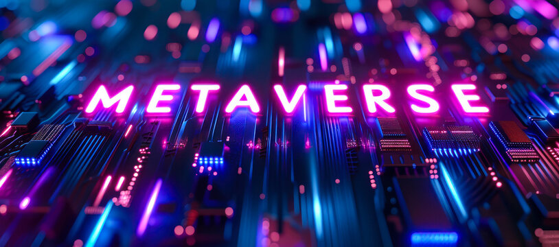 Futuristic neon-lit Metaverse text emerging from the digital circuit board landscape signaling the dawn of virtual worlds and immersive technology
