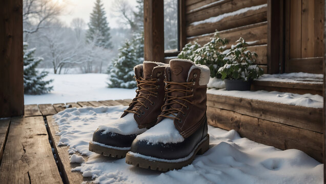 Winterstiefel auf schneebedeckter Veranda im Morgenlicht