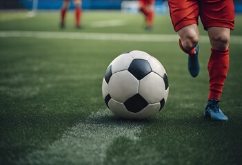 A soccer player kicks a soccer ball to score a goal in a match