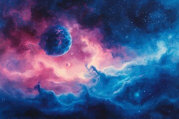 A surreal watercolor celestial display featuring an array of colorful planets aligned, framed by a delicate nebula ribbon, perfect for wall art wallpaper - obrazy, fototapety, plakaty