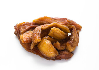 Chewy sweet healthy dried banana slices on white background.