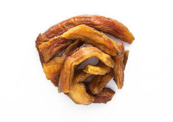 Chewy sweet healthy dried banana slices on white background.
