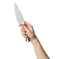 Female single hand holding sharp silver knife Isolated on transparent background.