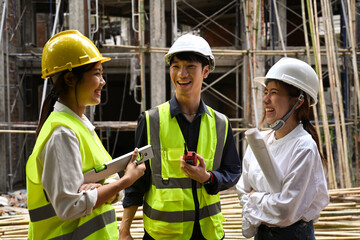 Construction worker, communication, and laughter with funny jokes on the job site