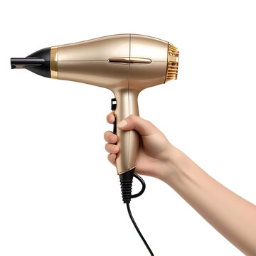 Female single hand holding luxury golden hair dryer Isolated on transparent background.