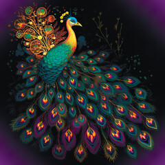 Colorful beautiful drawing peacock with magnificent tail and gorgeous feathers seamless pattern. Vector ornamental glowing background. Modern decorative luxury peacock bird design. Ornate texture