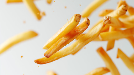 A composition of crispy french fries falling.